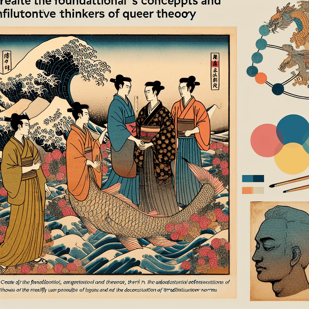 Create an image that visually represents the foundational concepts and influential thinkers of queer theory, highlighting key themes such as identity, gender fluidity, and the deconstruction of traditional norms.