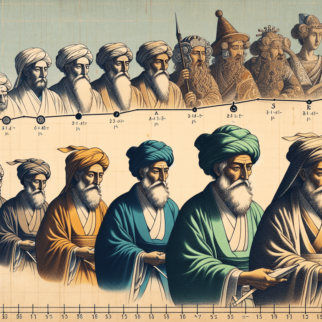 Create an image depicting Al-Khwarizmi awakening and journeying through different historical eras, illustrating the evolution of algebra over time.