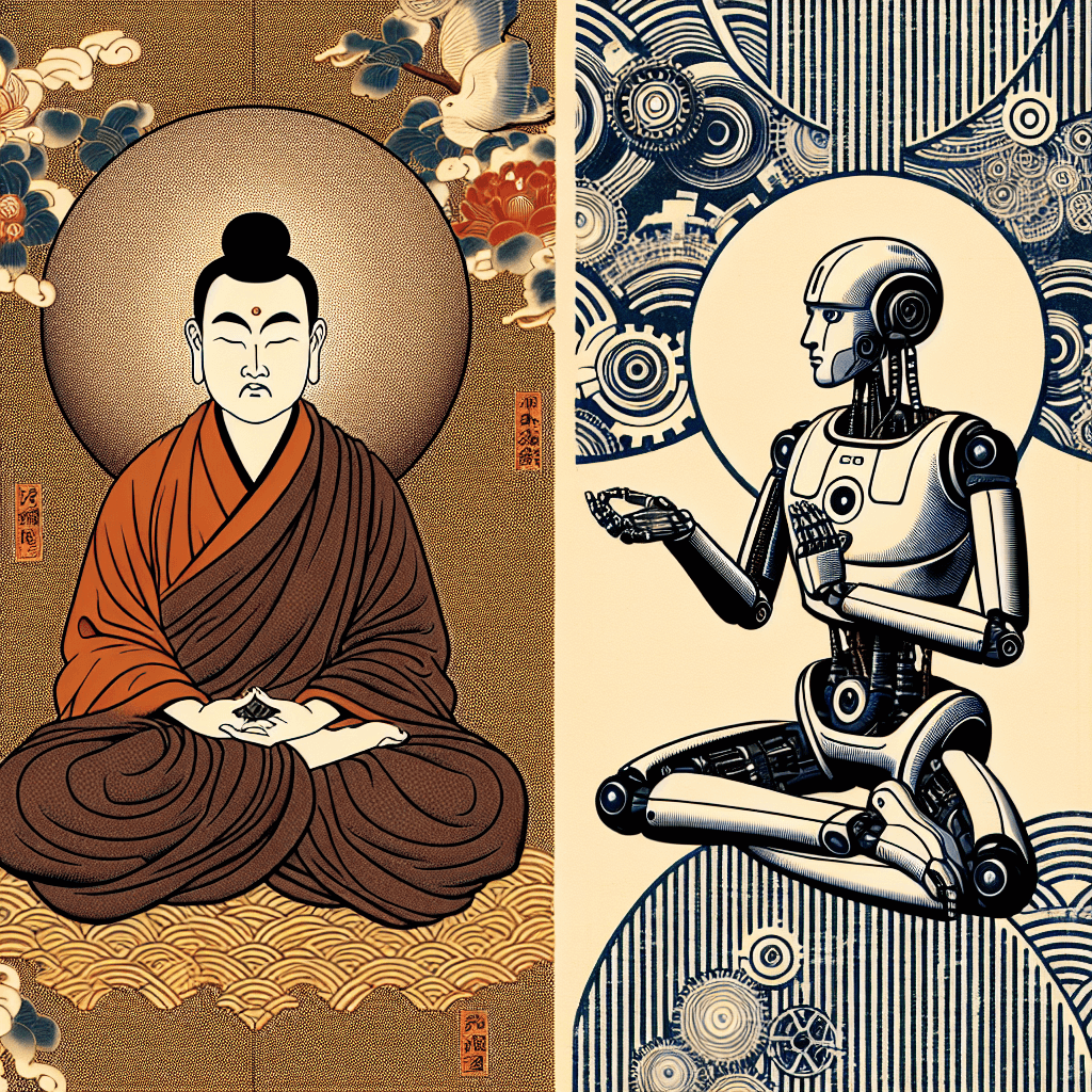 Create an image that depicts the intersection of Buddhism and Artificial Intelligence.