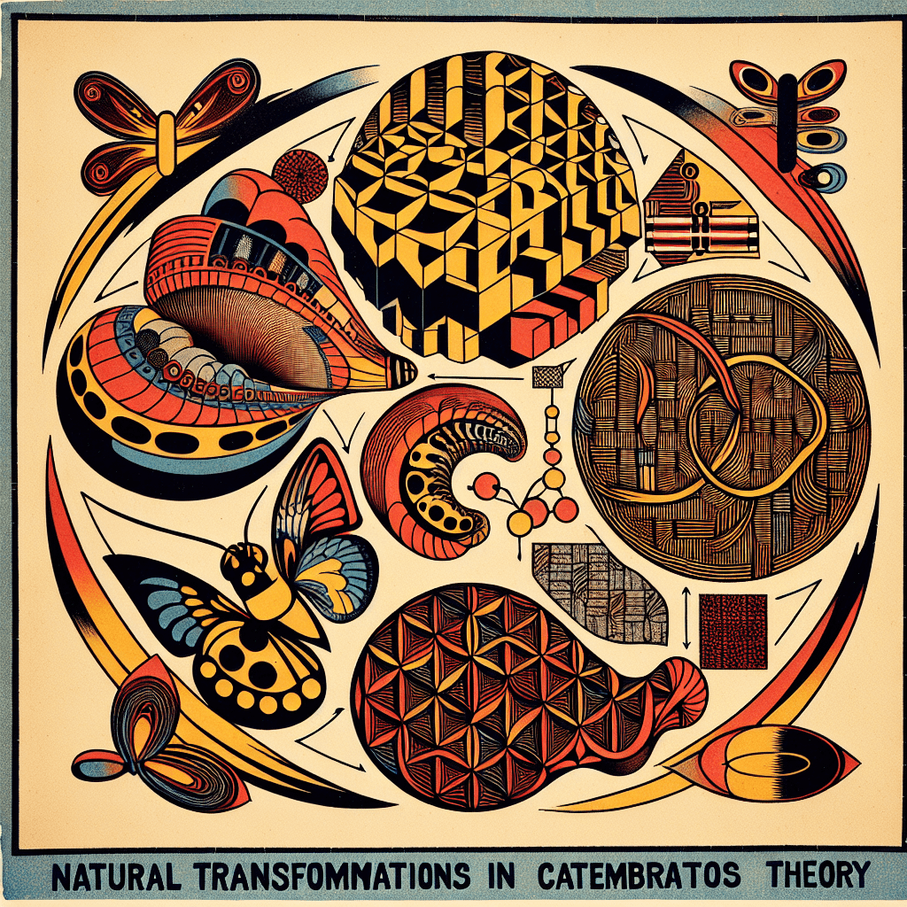 Create an image representing the concept of natural transformations in category theory, illustrating the relationship between functors and the transformation of objects and morphisms within different categories.