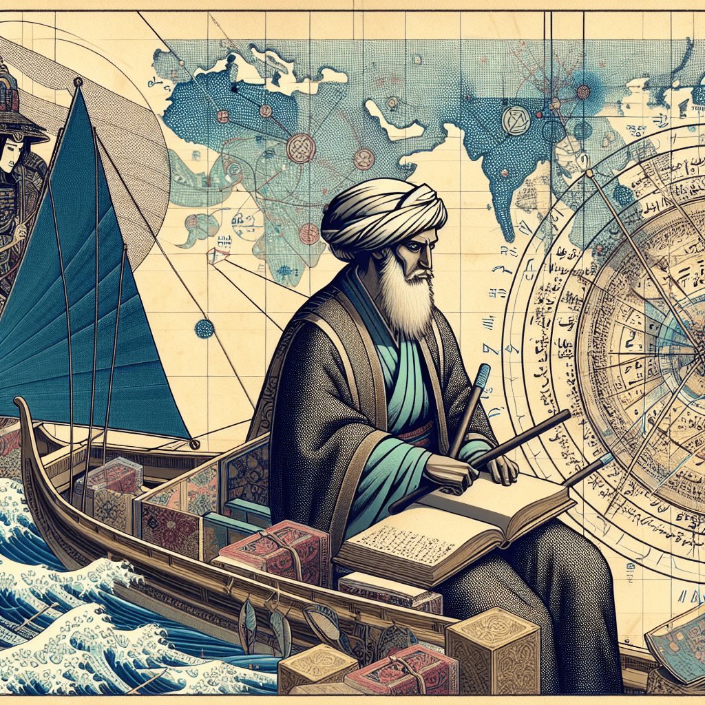 Create an image of Al-Khwarizmi, the pioneering mathematician, depicted as a navigator, surrounded by ancient mathematical tools and manuscripts, guiding the development of algorithms.