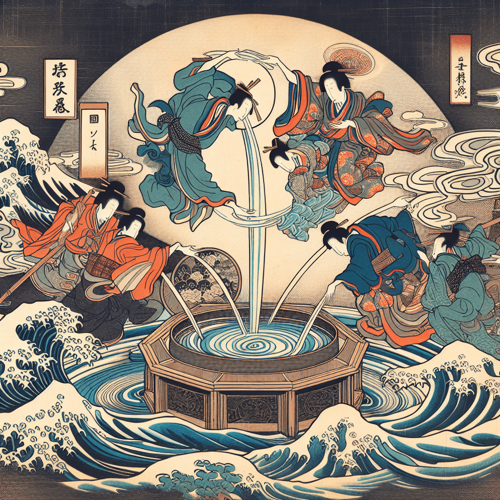 Create an image that depicts the influence of the five elements (Godai) - Earth, Water, Fire, Wind, and Void - on Japanese traditions and festivities.