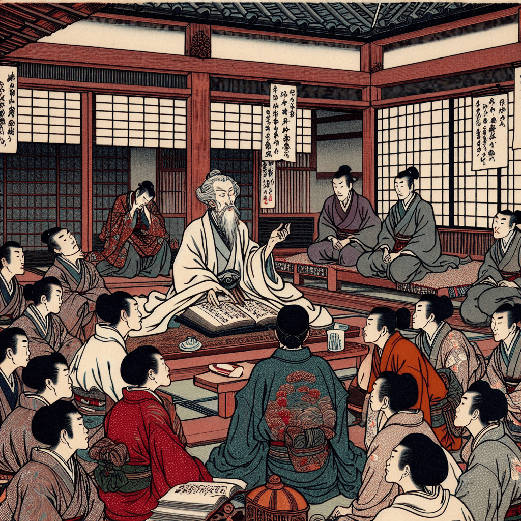 Illustrate a scene of the Prodigal Son story being narrated to Christian Japanese princes.