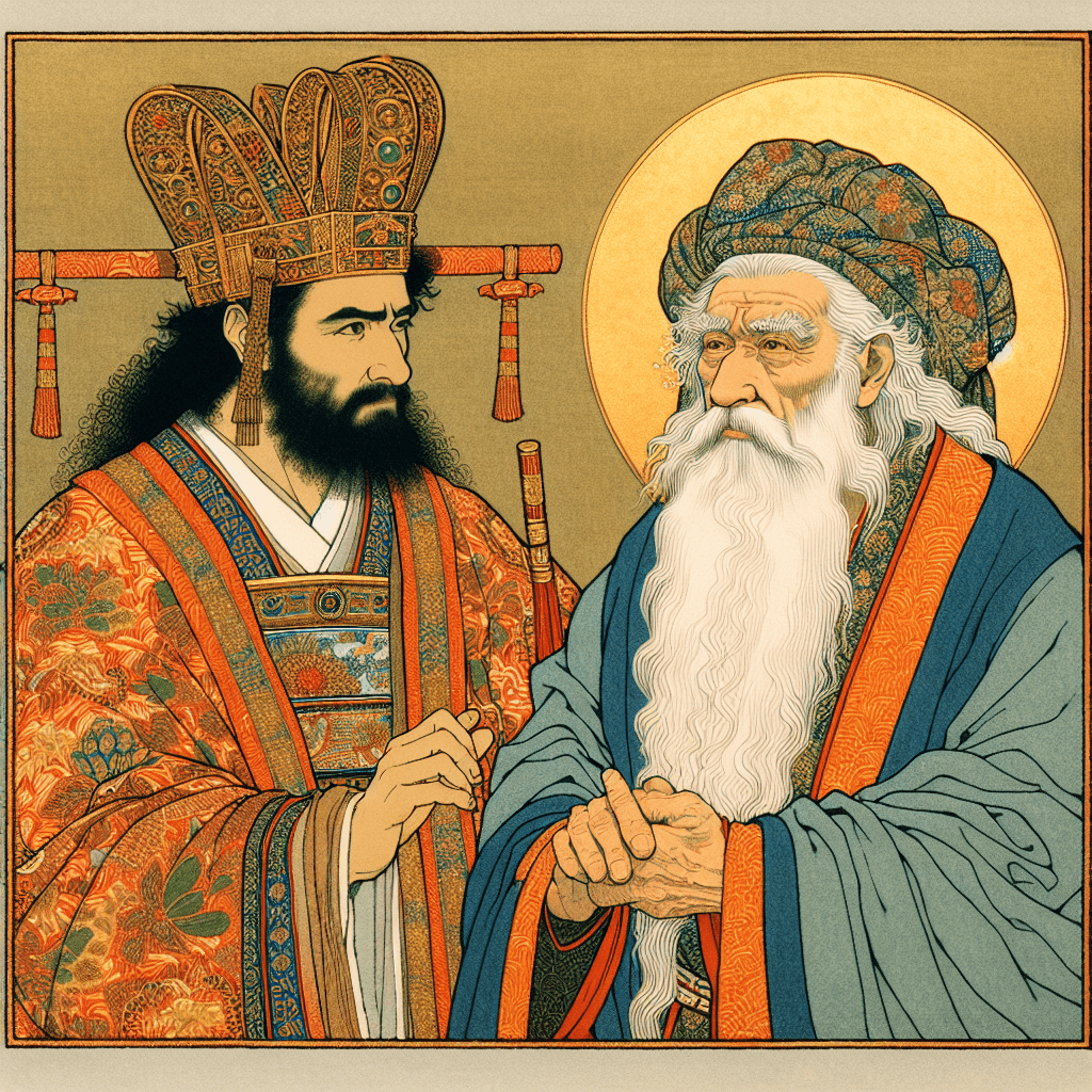 Create an image depicting the interaction between King Ahaziah and Prophet Elijah.