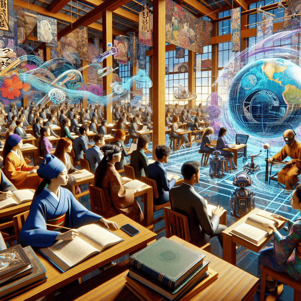 Create an image depicting students engaged in a futuristic classroom, using virtual and augmented reality technologies to enhance their learning experiences.