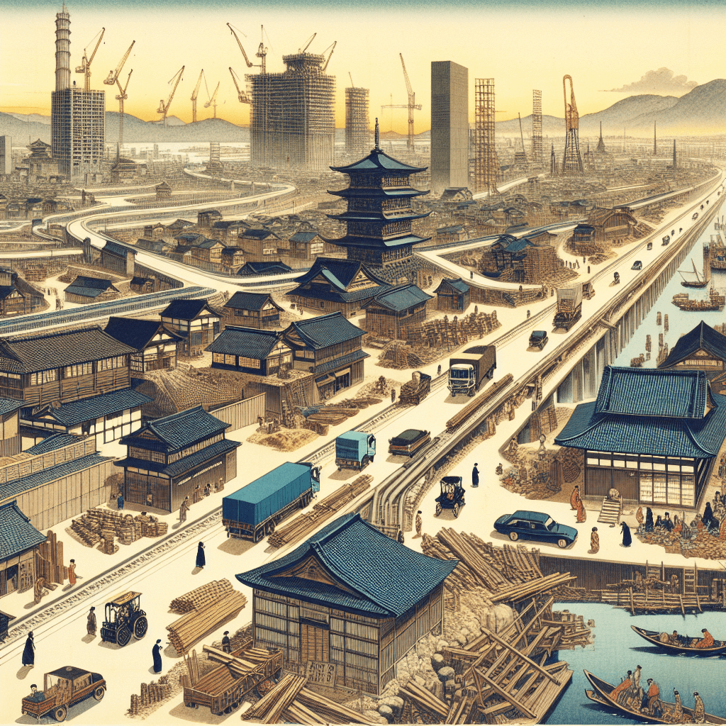 Create an image depicting the infrastructure development in Japan during the Edo period, focusing on the growth of historical cities.