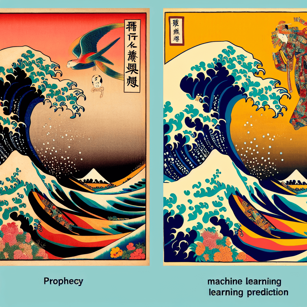 Create an image that illustrates the comparison between prophecy and machine learning prediction.