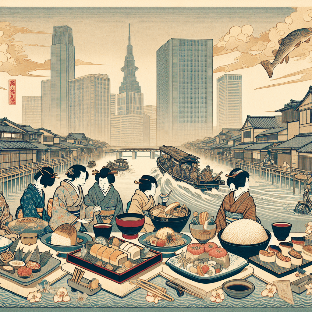 Create an image that represents the journey through time and taste of Edo cuisine.