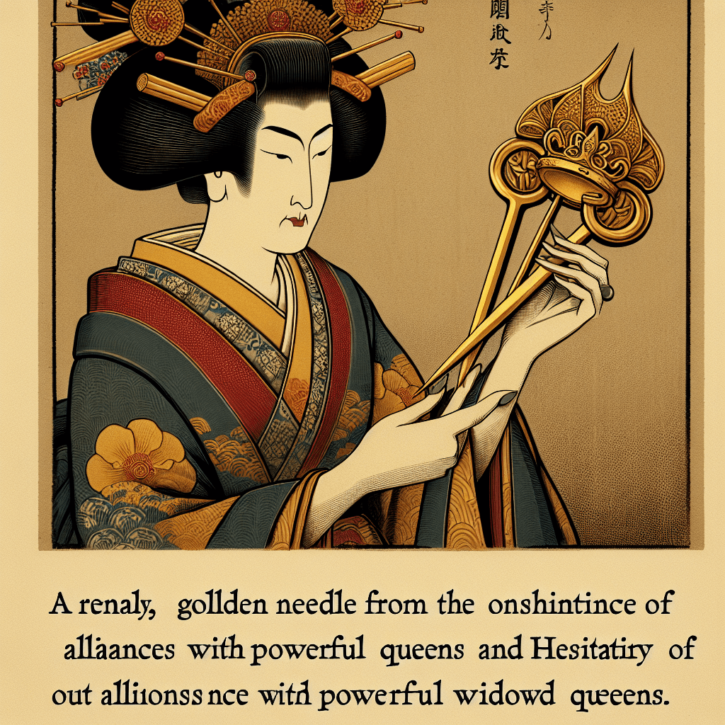 Create an image depicting a regal, golden needle symbolizing the forging of alliances with powerful widowed queens, blending themes of royalty, strength, and diplomacy.