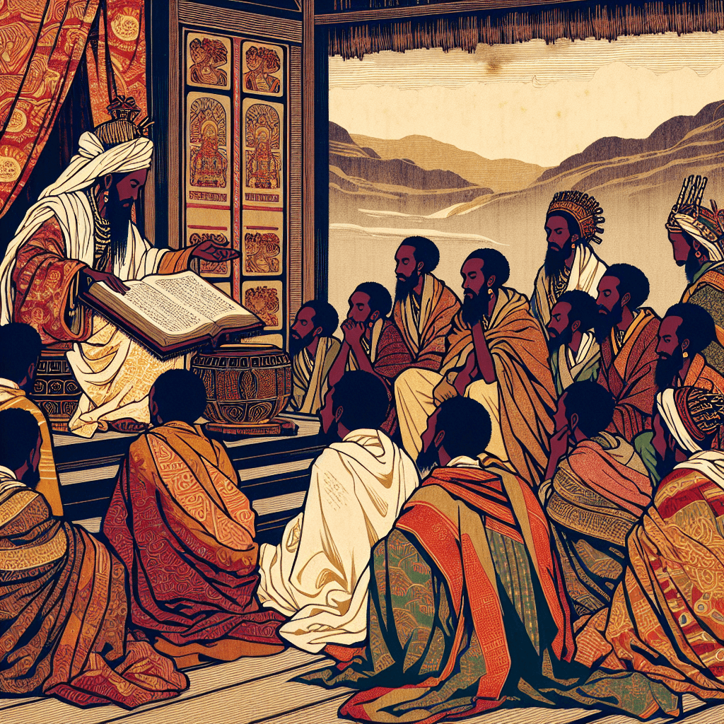 Illustrate a scene of the biblical story of David and Goliath being narrated to Ethiopian princes, who are descendants of Solomon.