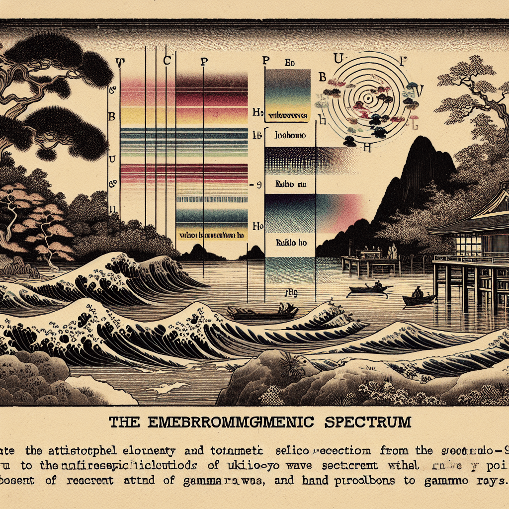 Create an image depicting a vibrant journey through the electromagnetic spectrum, highlighting various wavelengths and their unique characteristics, from radio waves to gamma rays.