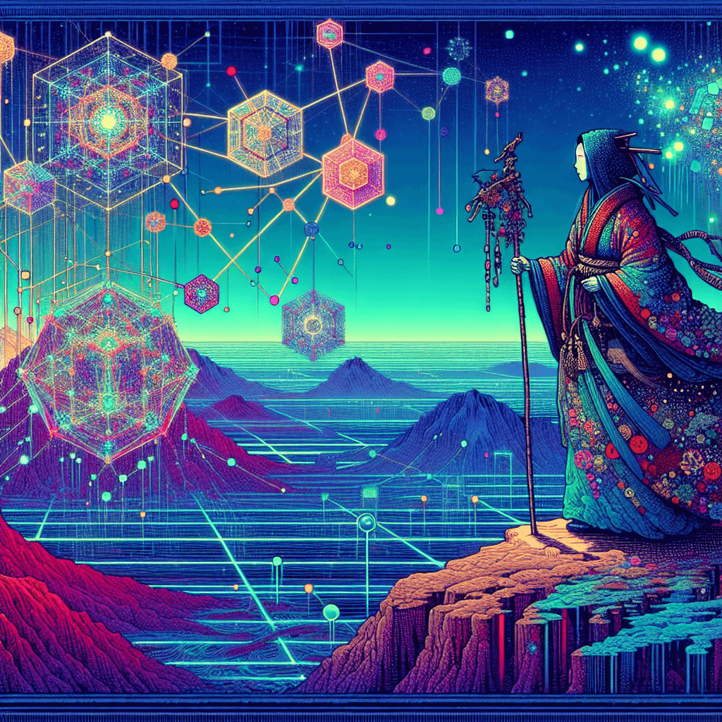 Create an image depicting a wanderer navigating through a digital landscape, symbolizing the journey of transferring knowledge and adapting across different domains in AI.