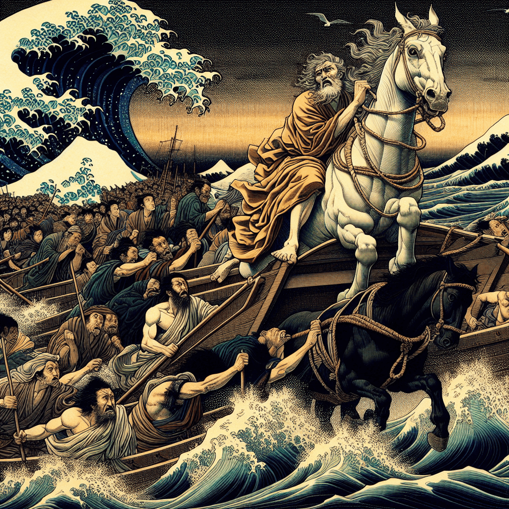 Create an image depicting Prophet Jonah's hesitant journey to Nineveh.