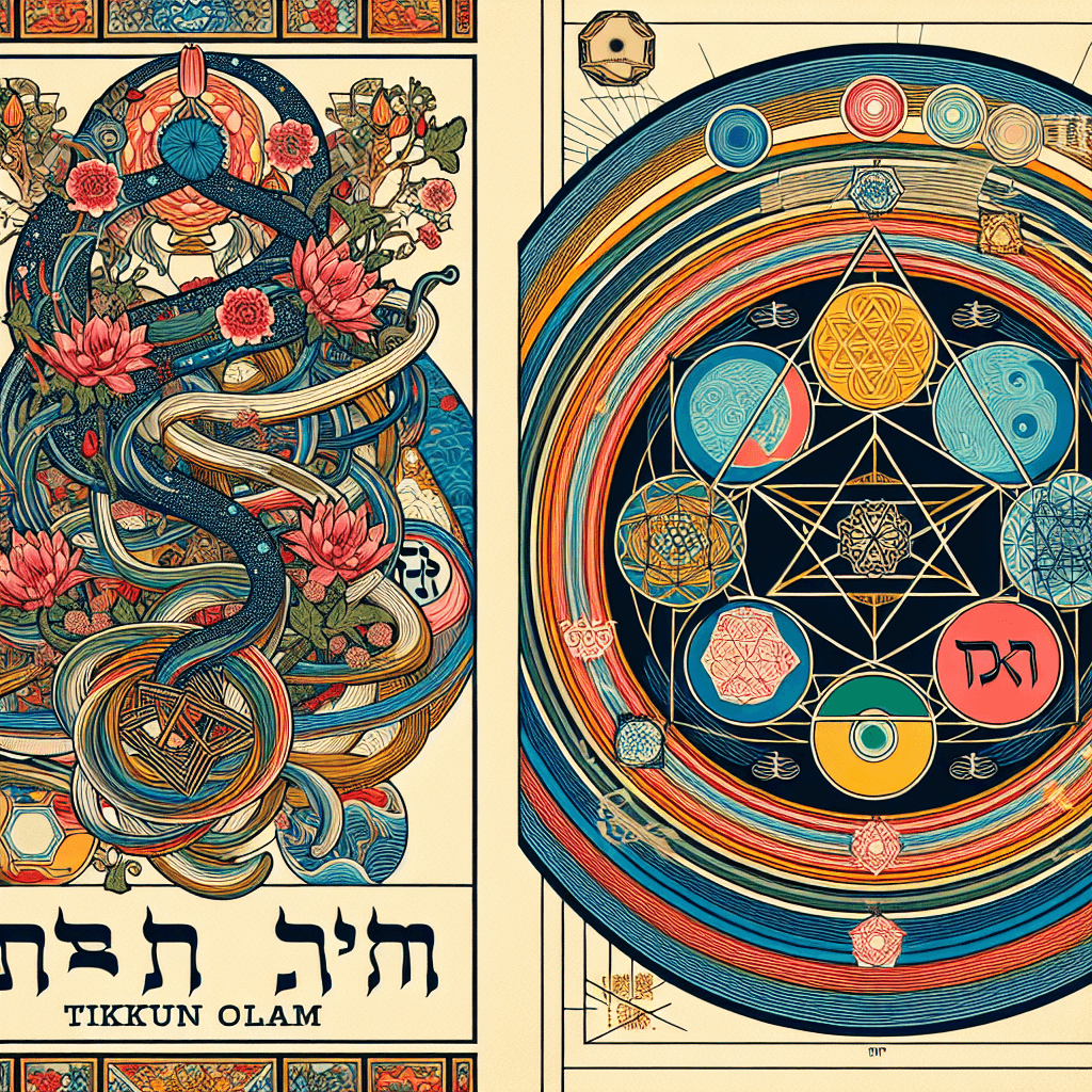 Create an image that represents the concept of Tikkun Olam, incorporating elements of Kabbalah and Sephirot teachings.