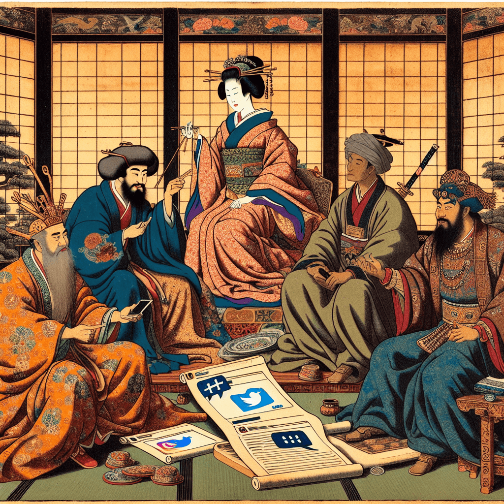 Create an image depicting a diplomatic scene where Eastern monarchs are engaged in a strategic discussion, with a focus on the influence of blogging and digital communication.