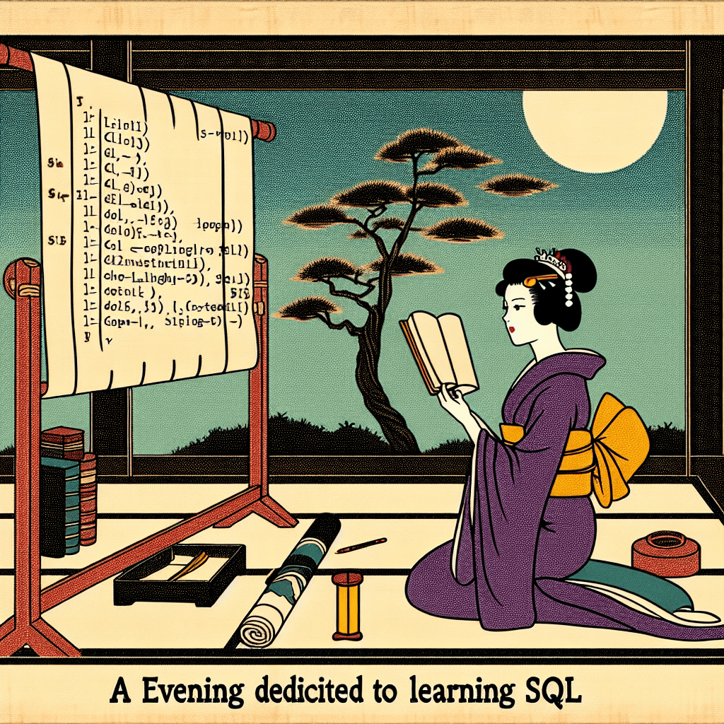 Create an image that represents a night of learning SQL with a character named Lilith, emphasizing simplicity and metaphorical insights.