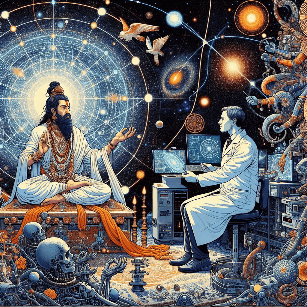 Create an image depicting a mystical expert and a space scientist engaging in a deep conversation, blending elements of spirituality and cosmic exploration.