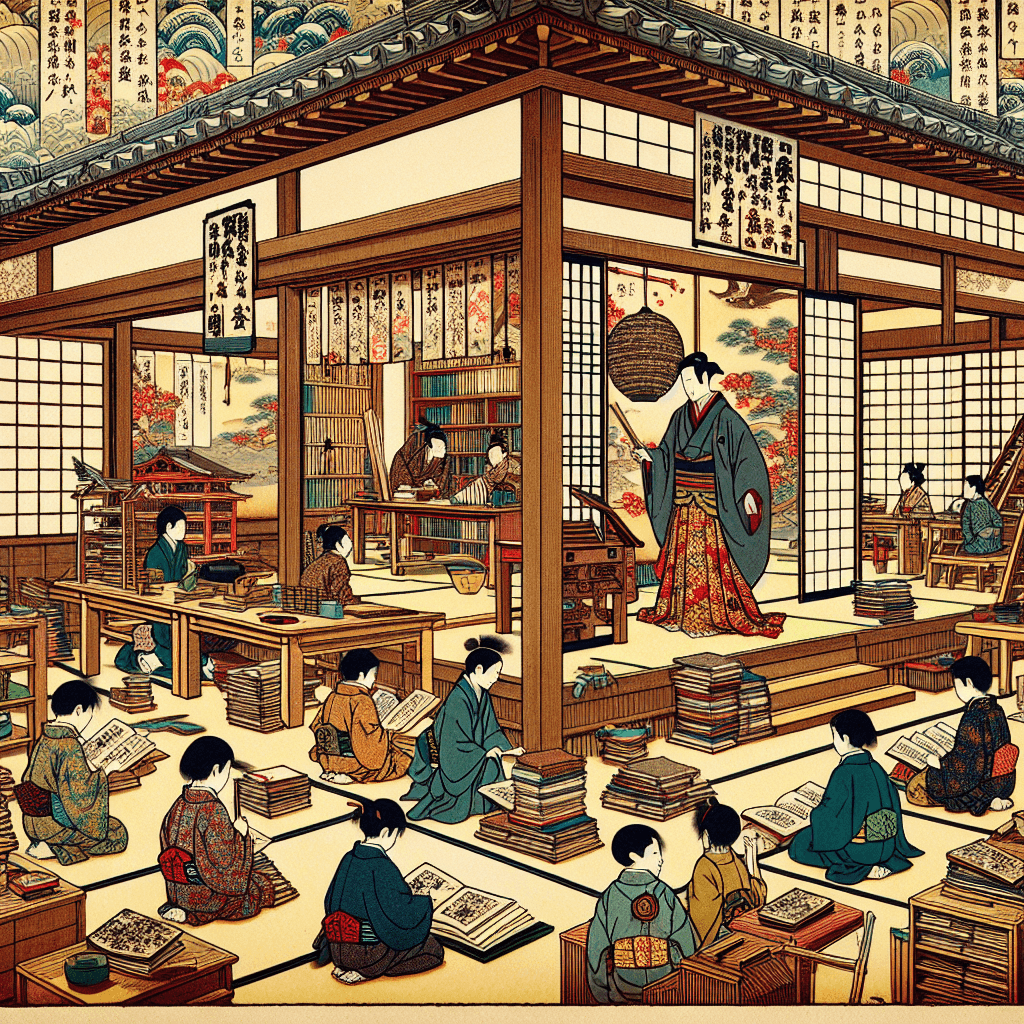 Design an image representing the Terakoya System as a key component of education during the Edo period in Japan.