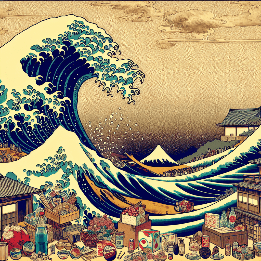 Create an image depicting the pervasive influence of 'The Great Wave off Kanagawa' in popular culture.