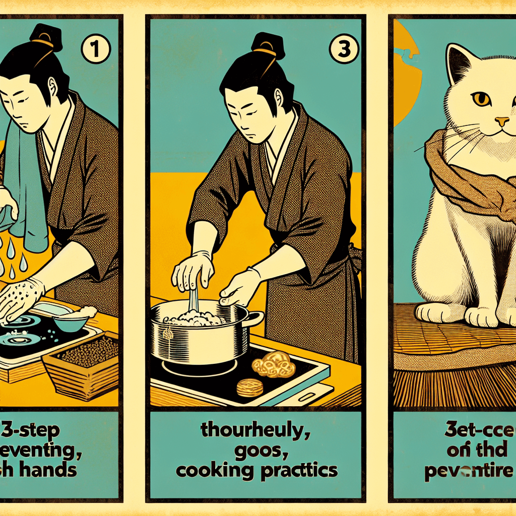 Create an image illustrating the three-step process of preventing T. gondii infection, highlighting key preventive measures such as hygiene, cooking practices, and pet care.