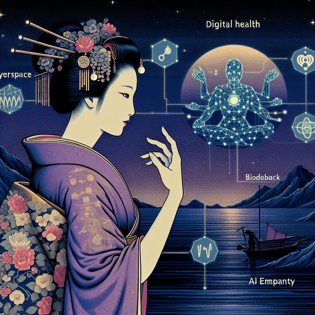 Design an image representing a night with a character named Lilith, incorporating elements of digital health and AI empathy.