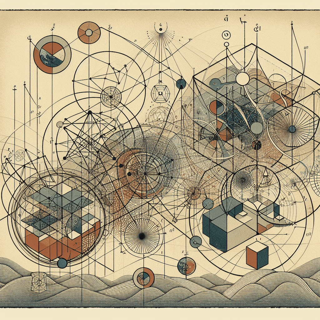 Create an image that visually represents the abstract concepts of topology and analysis, incorporating elements like geometric shapes, interconnected networks, and mathematical symbols to illustrate modern perspectives and axioms in these fields.