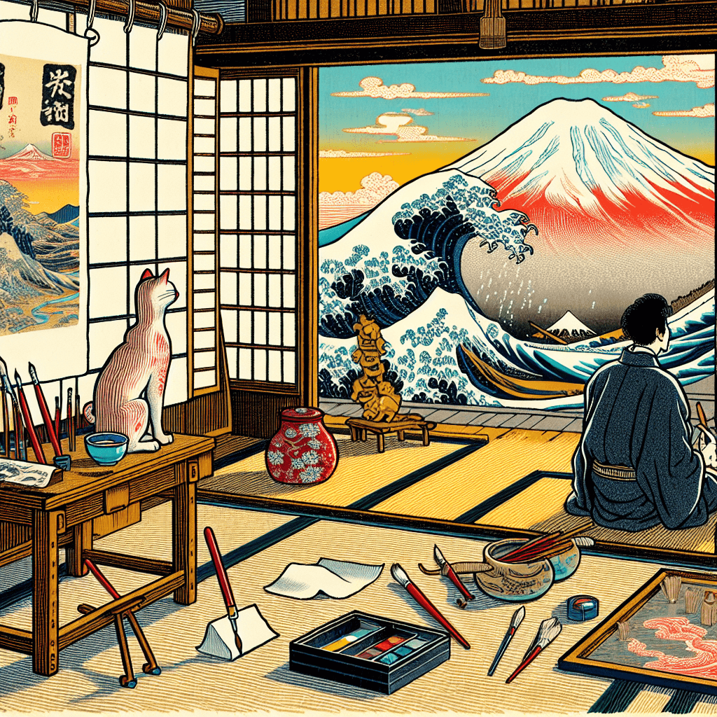 Create an image that provides a comprehensive view into the personal life of Hokusai.