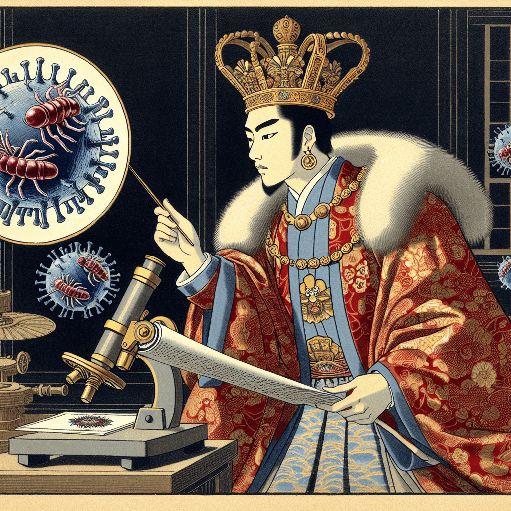 Create an image depicting a royal figure from a monarchy engaged in a captivating narrative involving T. gondii, illustrating the intersection of regal elegance and scientific intrigue.