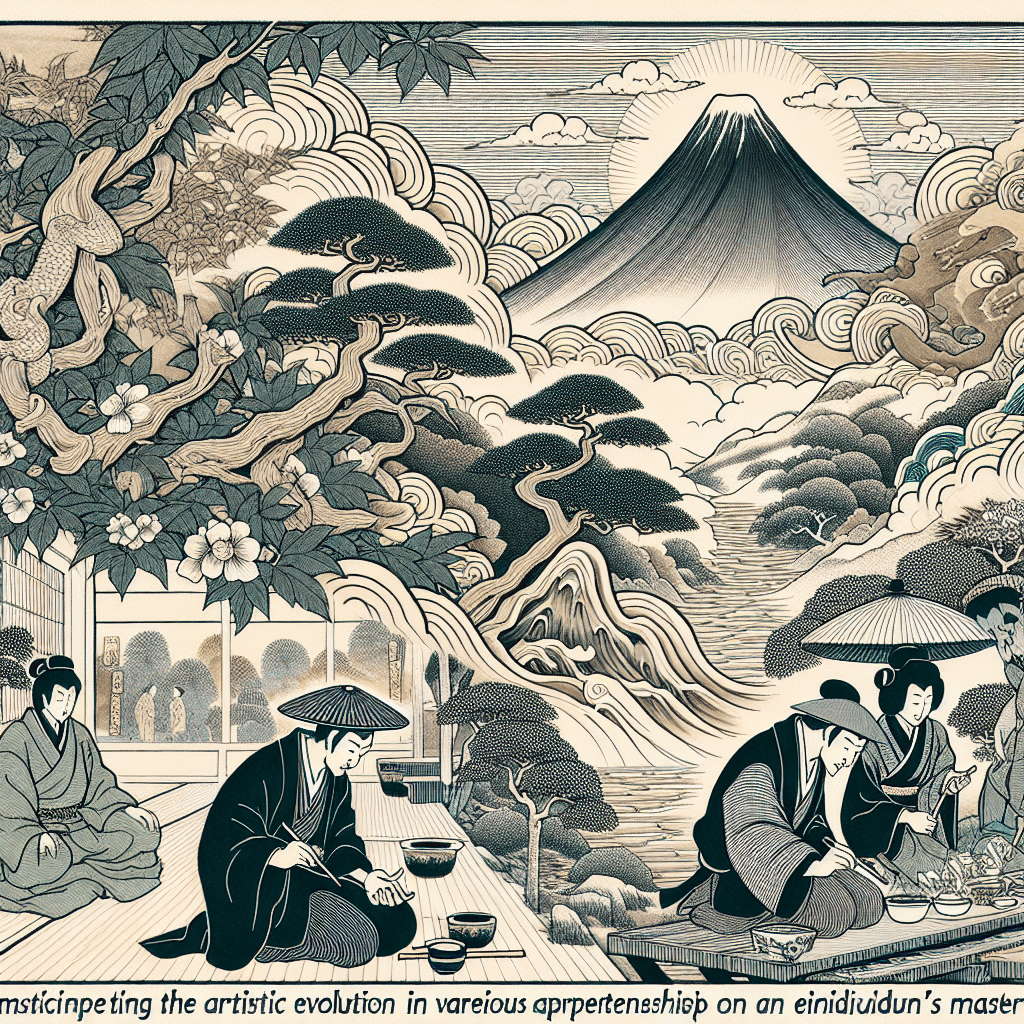 Illustrate Hokusai's artistic evolution and the influence of his apprenticeships on his mastery.