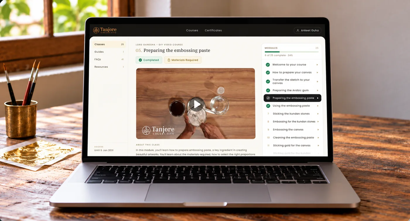 The Tanjore Collective student portal showing a course with its full module list and progress