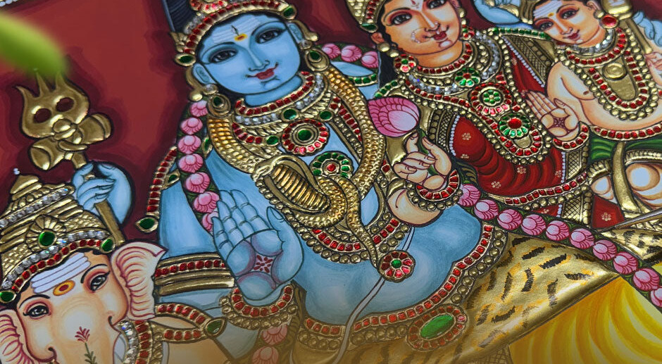 Shiva Parivar Tanjore painting with Lord Shiva, Goddess Parvati and Lord Ganesha