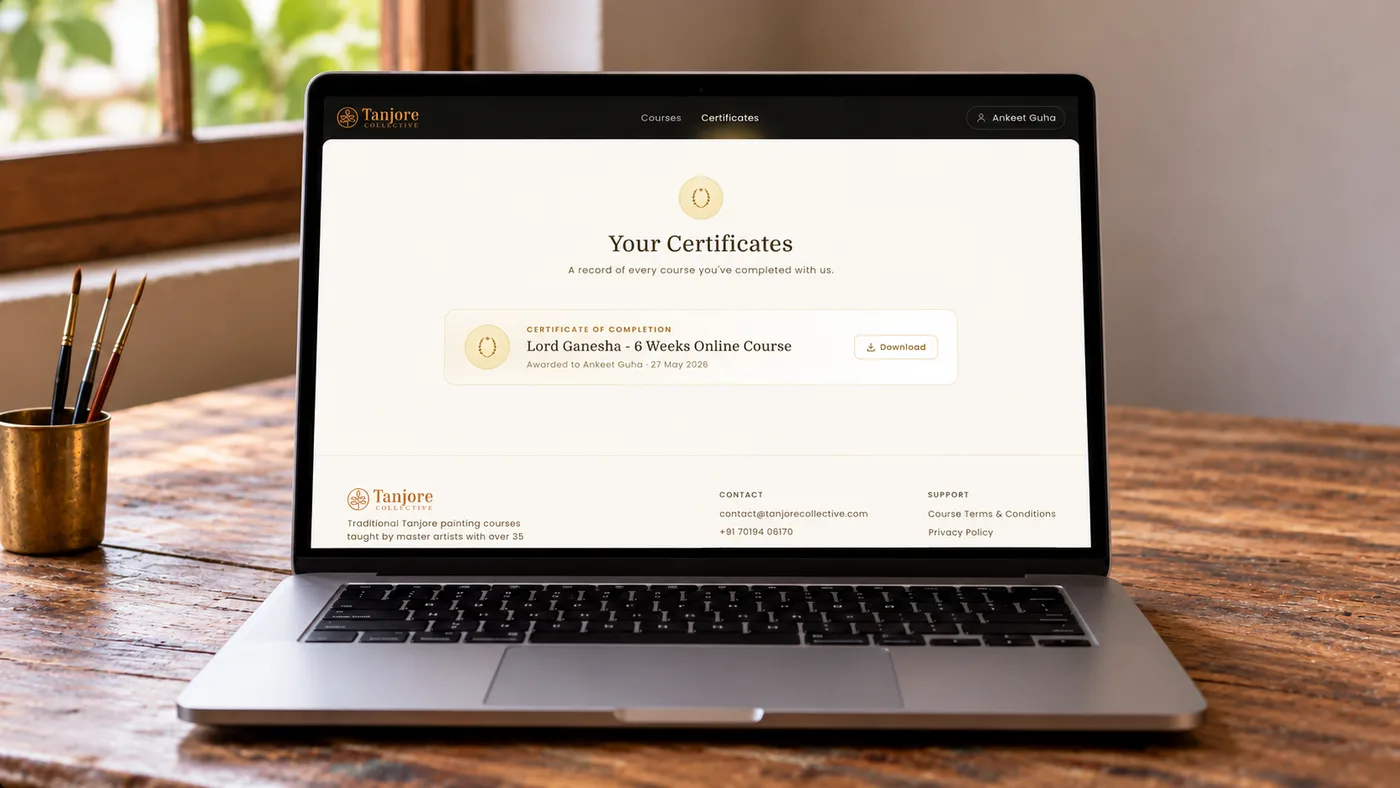 The student portal Certificates page showing a downloadable completion certificate