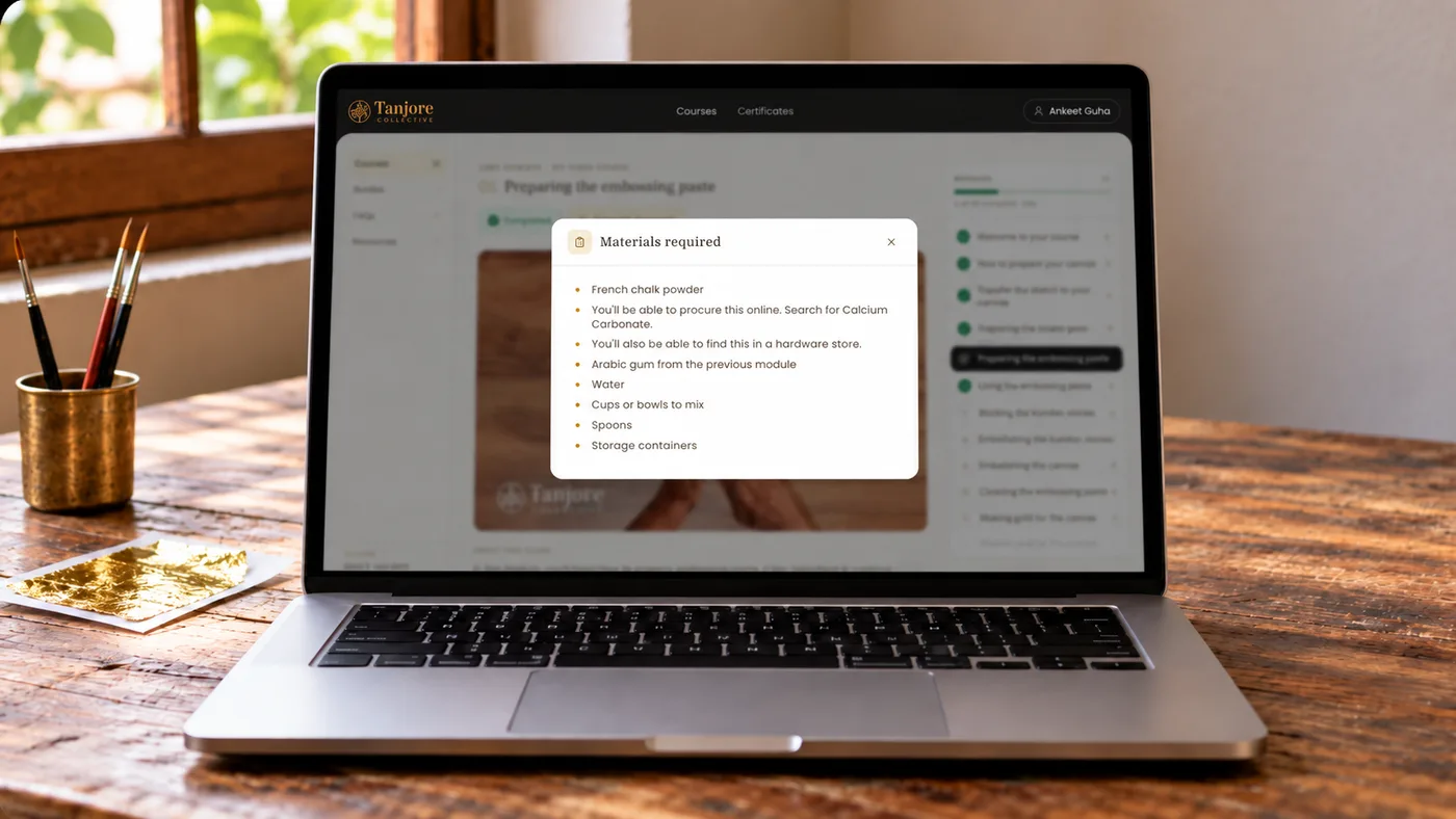 The student portal showing the materials required for a lesson