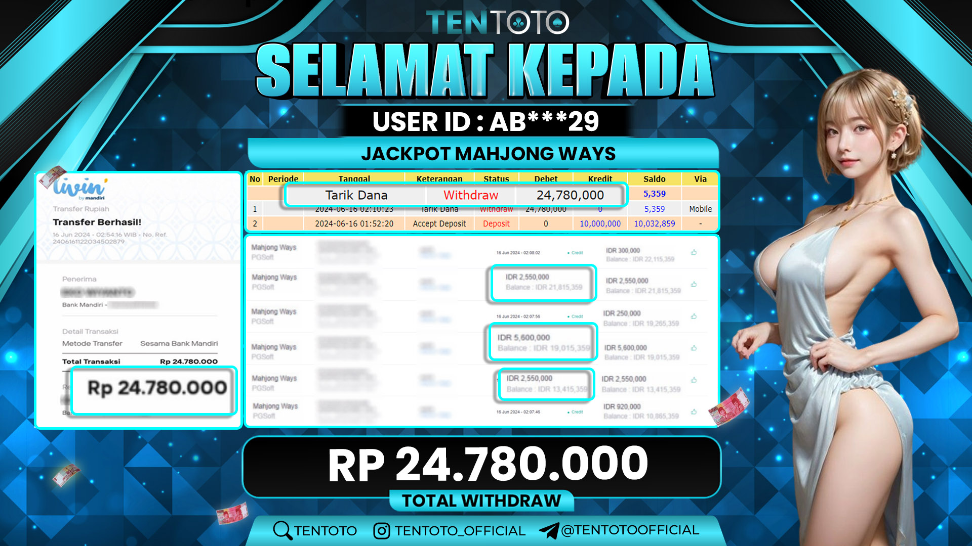 TENTOTO Jackpot Mahjong Ways Rp. 24.780.000,- LUNAS