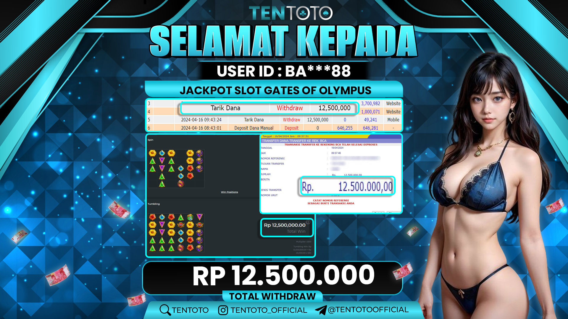 TENTOTO Jackpot Slot Gates Of Olympus Rp. 12.500.000,- LUNAS