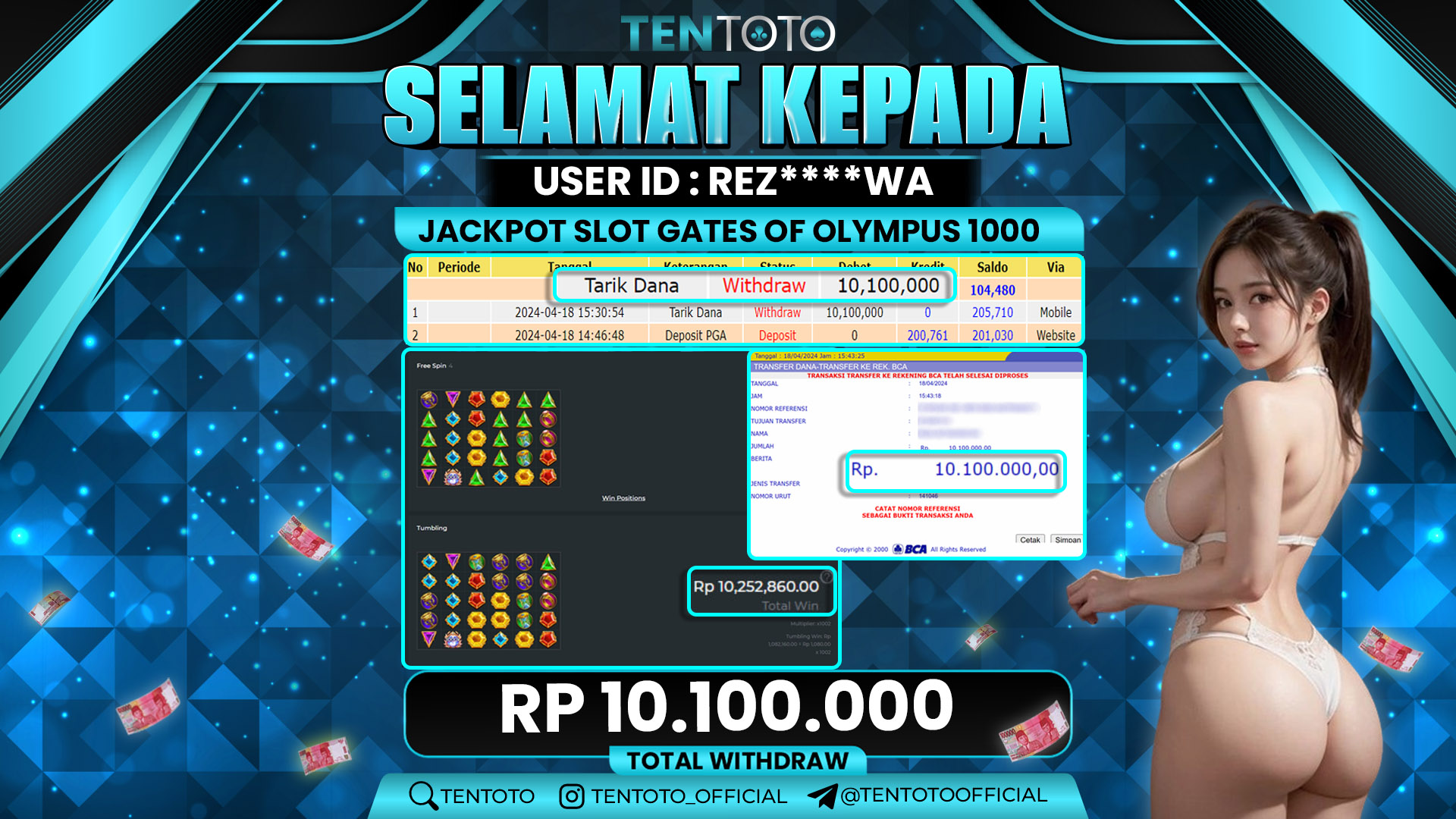 TENTOTO Jackpot Slot Gates Of Olympus 1000 Rp. 10.100.000,- LUNAS