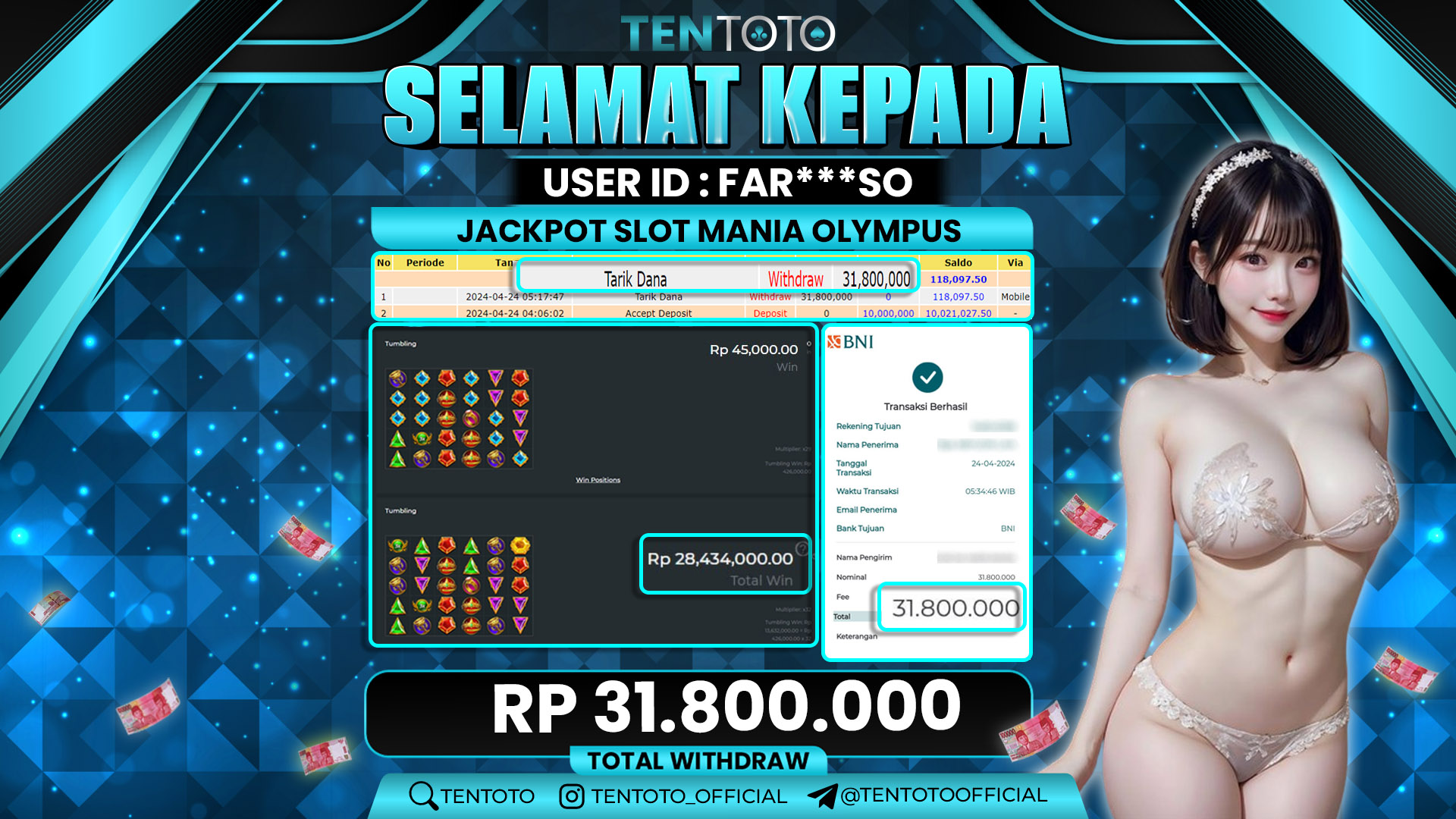 TENTOTO Jackpot Slot Mania Olympus Rp. 31.800.000,- LUNAS
