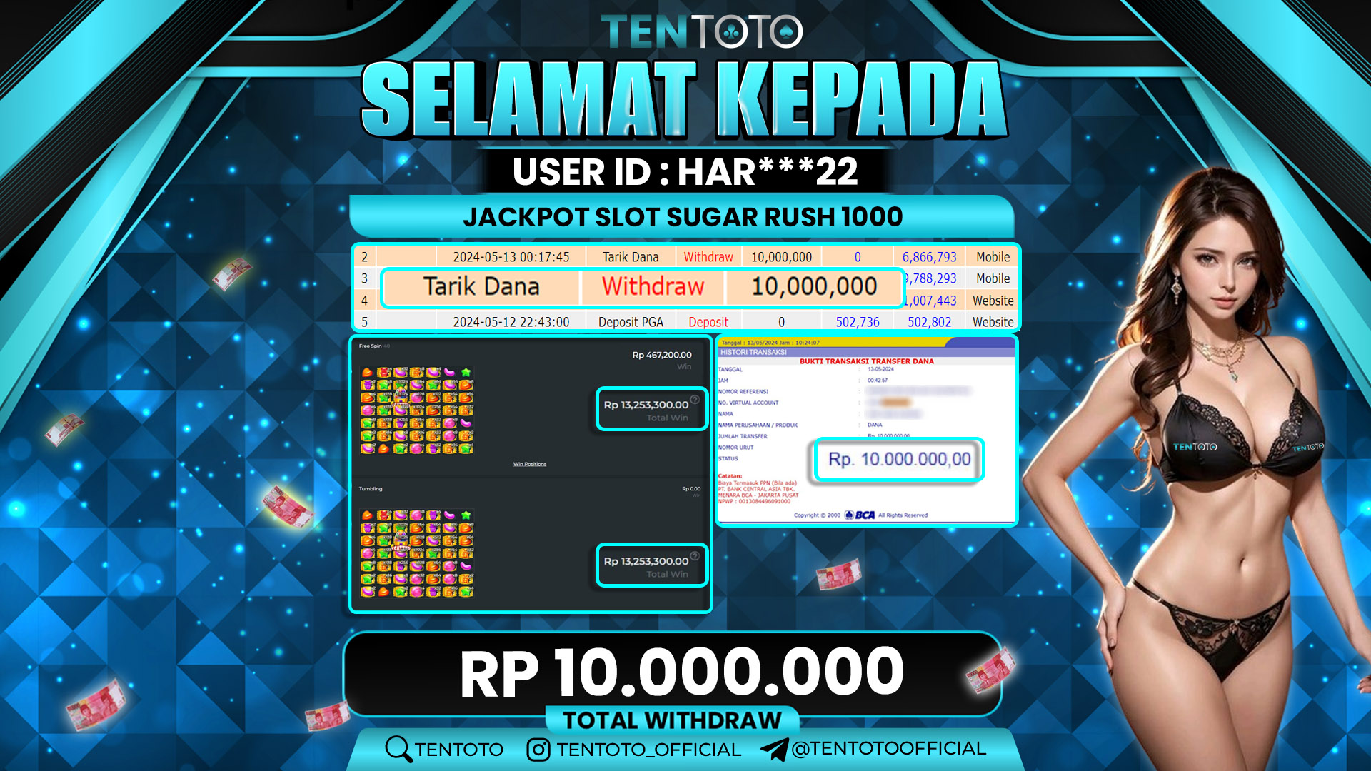 TENTOTO Jackpot Slot Sugar Rush Rp. 10.000.000,- LUNAS