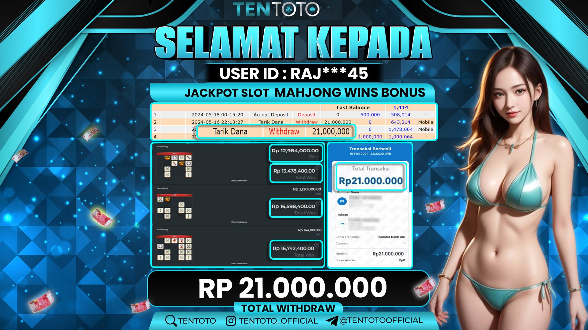 TENTOTO Jackpot Slot Mahjong Wins Bonus Rp. 21.000.000,- LUNAS