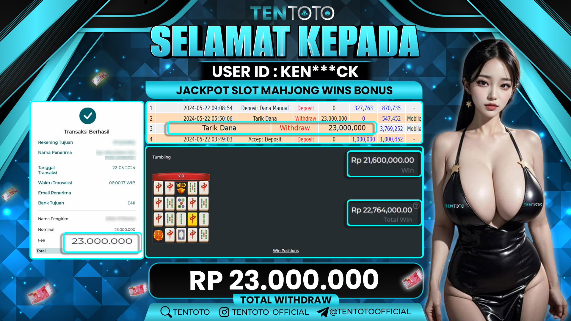 TENTOTO Jackpot Slot Mahjong Wins Bonus Rp. 23.000.000,- LUNAS