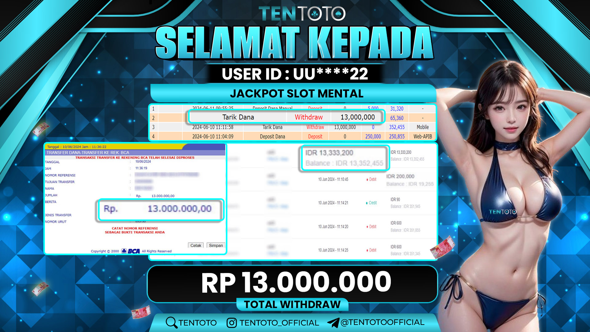 TENTOTO Jackpot Slot Mental Rp. 13.000.000,- LUNAS