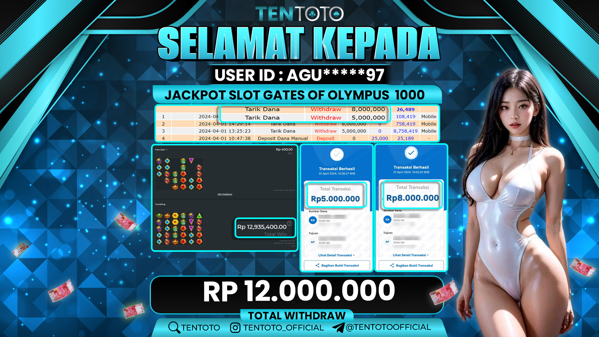 TENTOTO Jackpot Slot Gate Of Olympus 1000 Rp. 13.000.000,- LUNAS