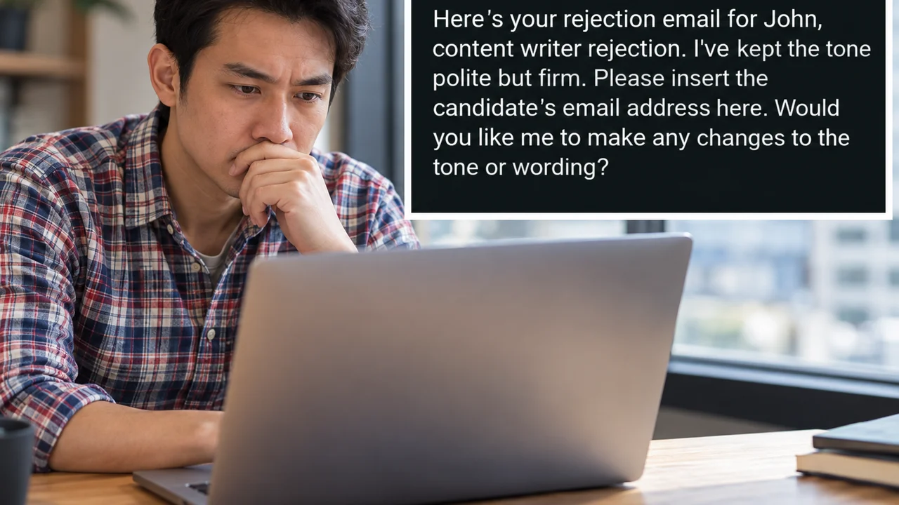 Recruiter’s AI-generated rejection email leaves candidate name and editing instructions untouched