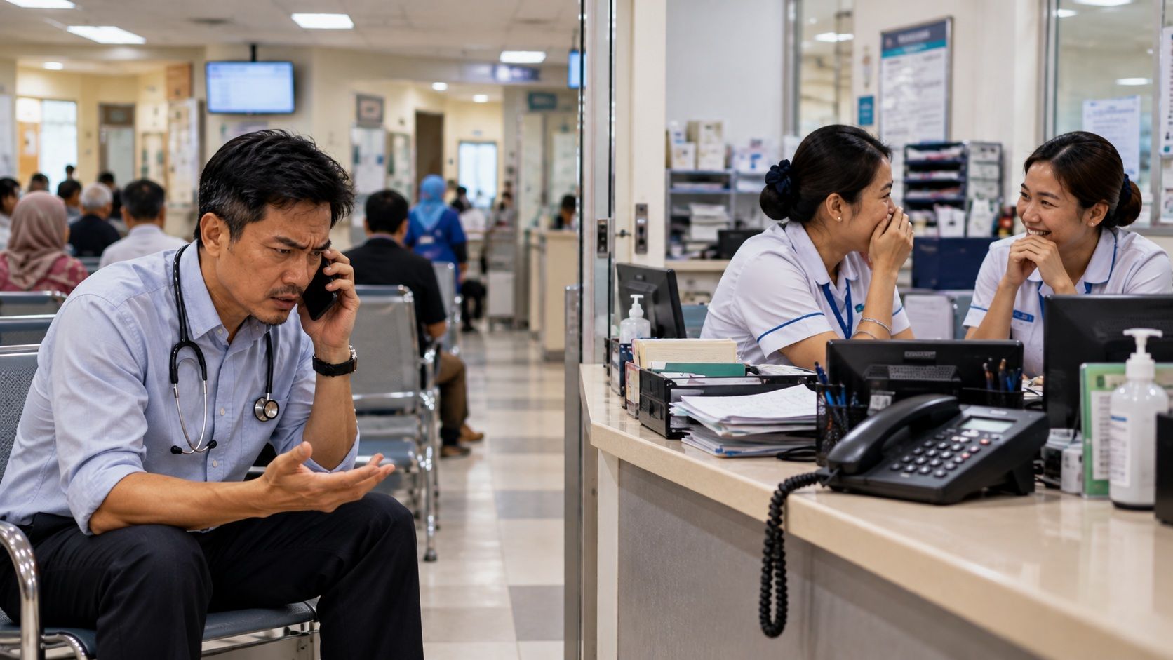 Nurses at hospital chat at reception as Malaysian doctor calls them