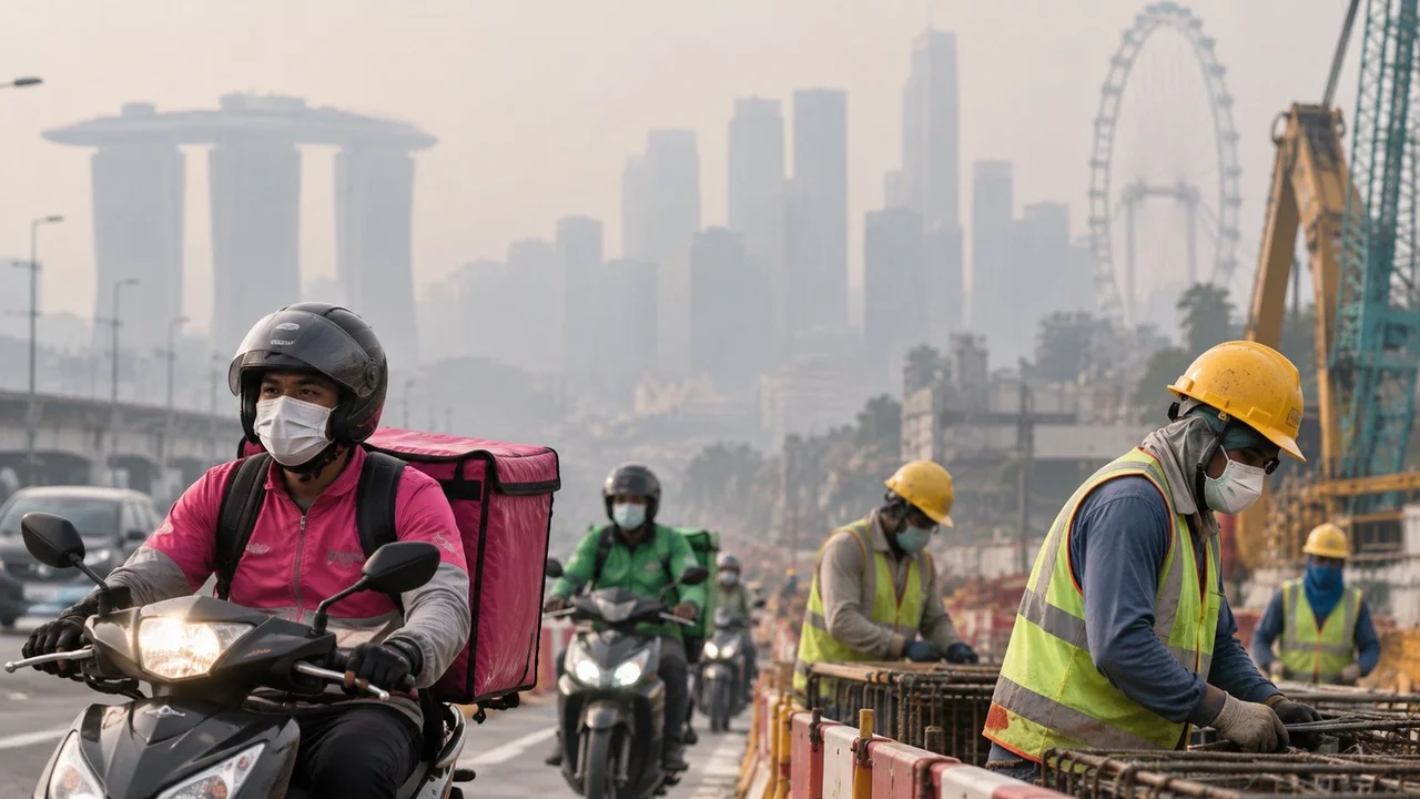 SG food delivery riders & migrant construction workers wear masks on the job amid haze while their employers adjust work arrangements to protect staff health