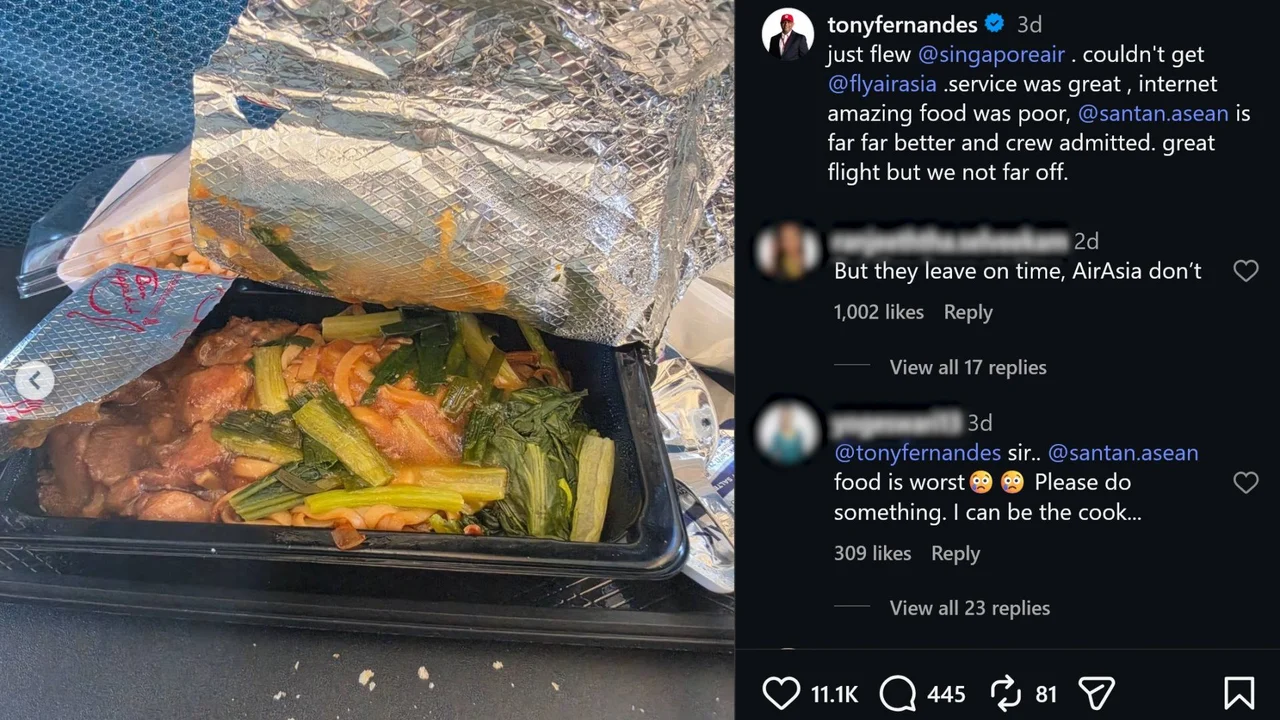 SIA ‘service was great’ but ‘food was poor’ — Tony Fernandes says AirAsia is ‘not far off’