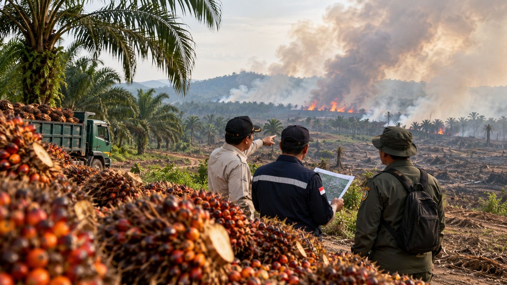 Officials inspect land affected by fires near an oil palm plantation