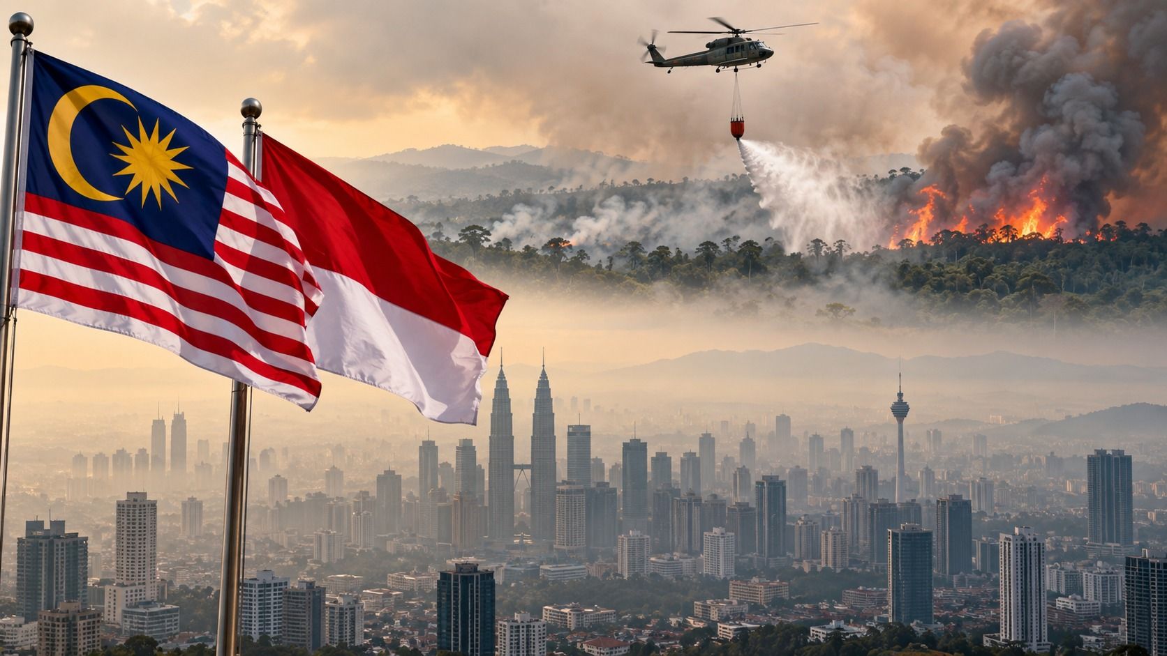 Malaysian and Indonesian flags above a haze-covered Kuala Lumpur skyline as a helicopter fights forest fires with water in Indonesia