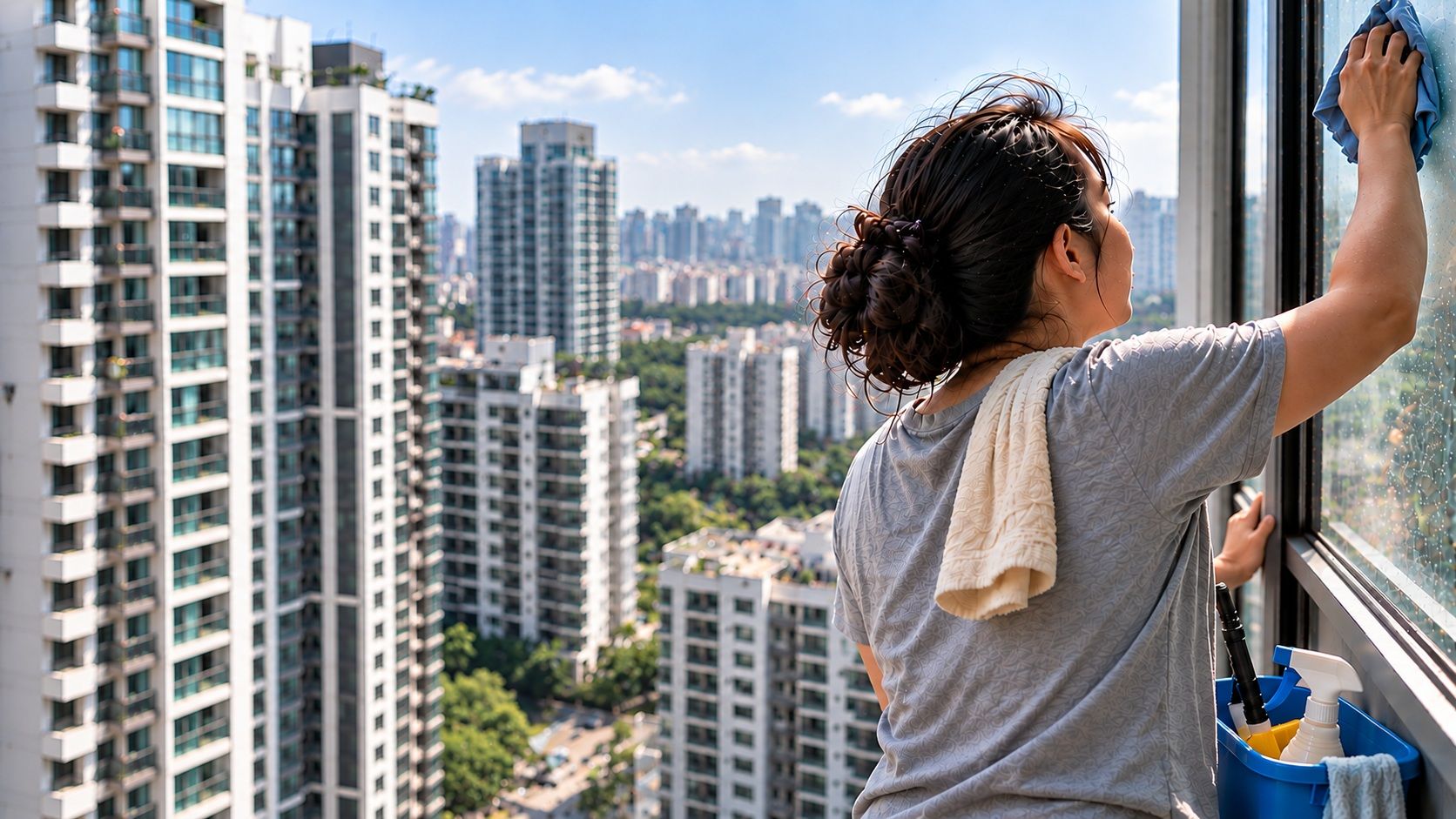 Domestic helper cleaning a high-rise apartment window in Singapore