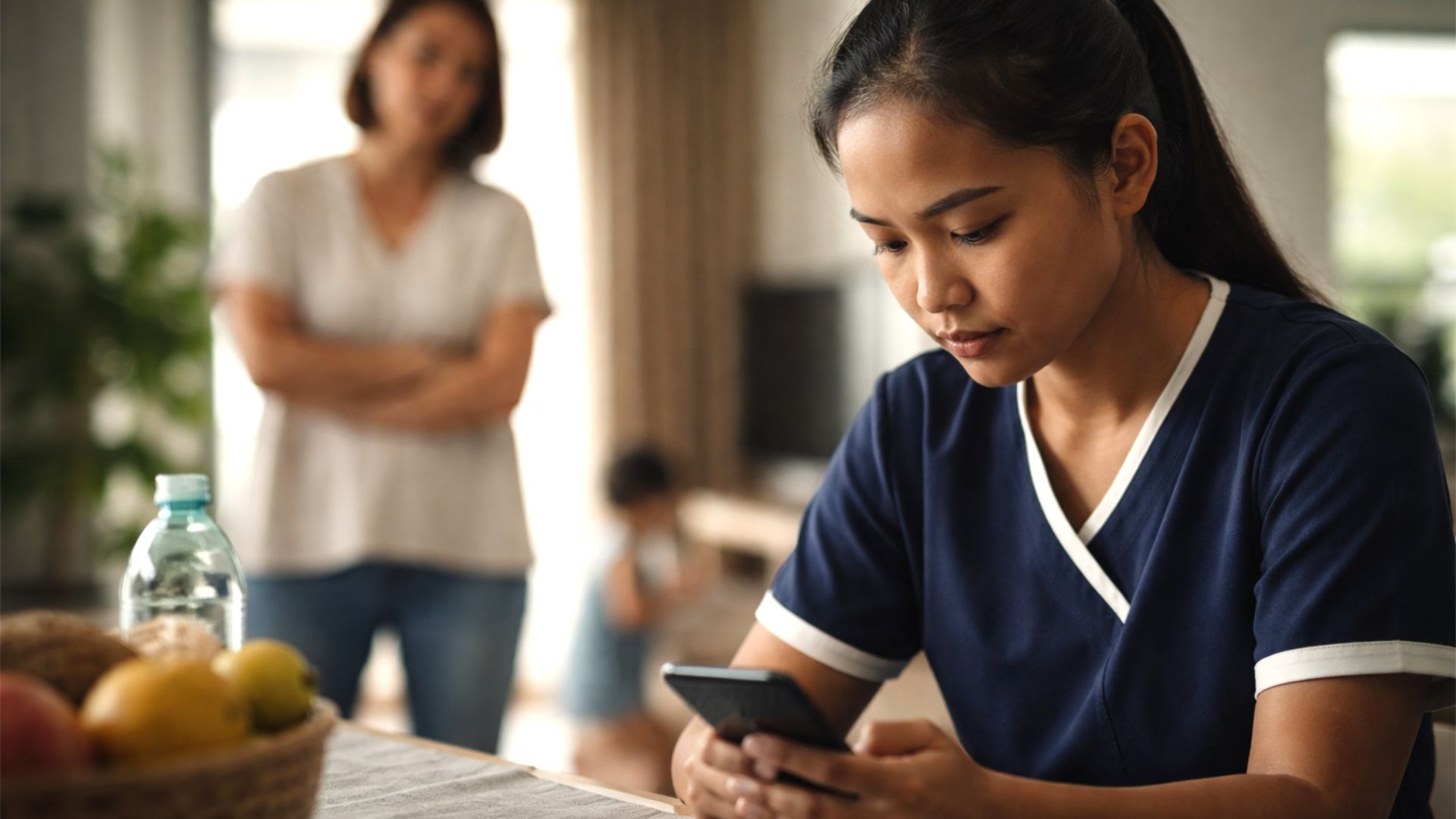 Helper distracted by her phone during childcare, leaves the stove on